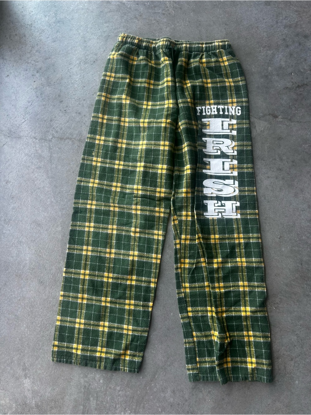Notre Dame Green Plaid Fleece Lounge Pants with text